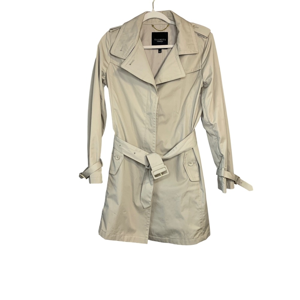 Talbots Womens Trench Coat Size 4‎ Beige Classic Belted Long Sleeve Jacket